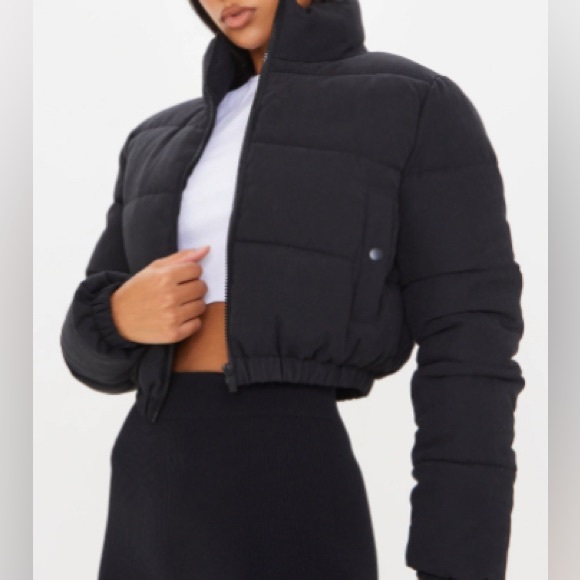 Black Peach Skin Cropped Bubble Puffer Jacket by Pretty Little Thing. Size 6 - Picture 3 of 11